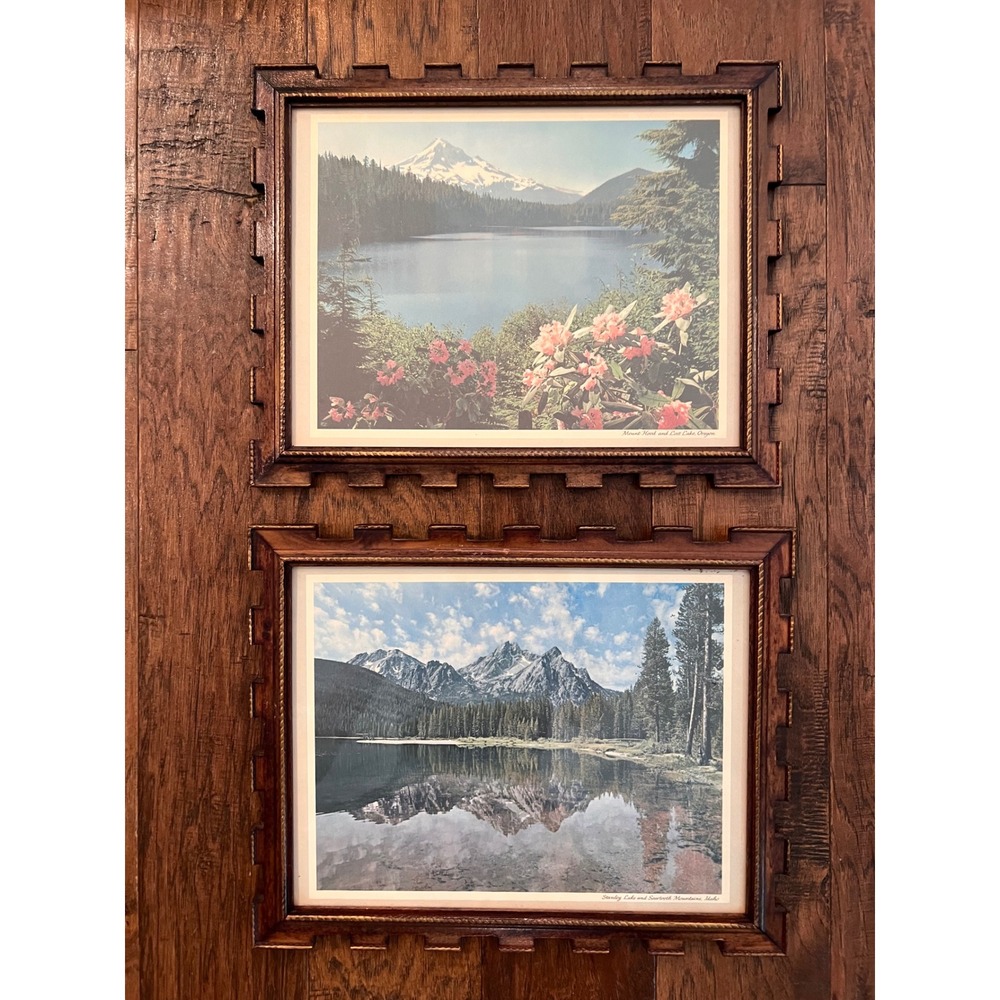 Vintage Framed Landscape Prints Set Mount Hood Oregon Stanley Lake Idaho 14x11